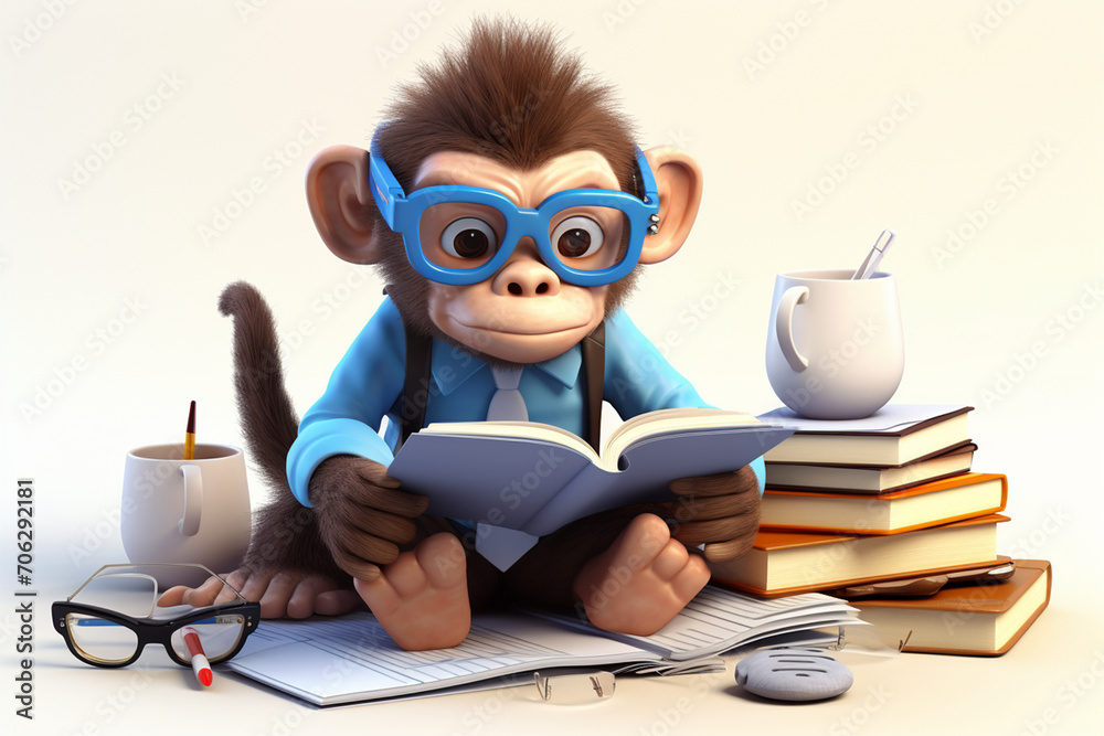 3D cartoon cute monkey reading and writing