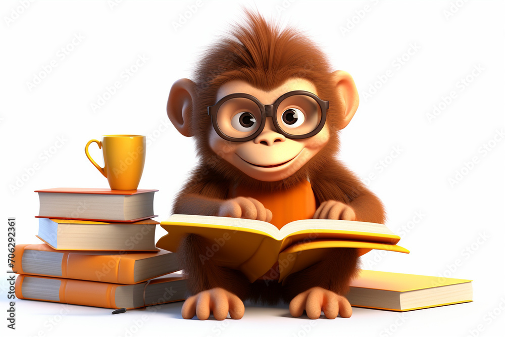 3D cartoon cute monkey reading and writing