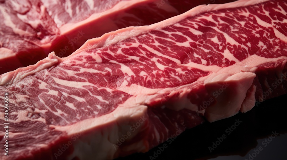 Fresh raw sirloin Meat Slices on table background. Close up view