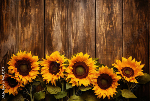 Group of Sunflowers on Wooden Table