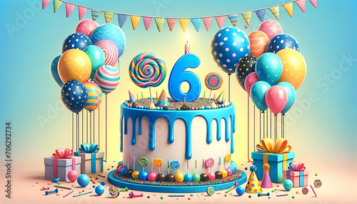 6 year old birthday cake or 6 year anniversary cake celebration with balloons and party decoration	