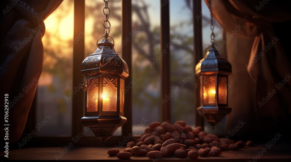 Obraz premium Ramadan ornament candle lantern, Muslim holiday, decorated with dates at dawn.