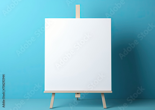 Blank Canvas on Blue Background, Easel Displaying Empty Canvas for Painting