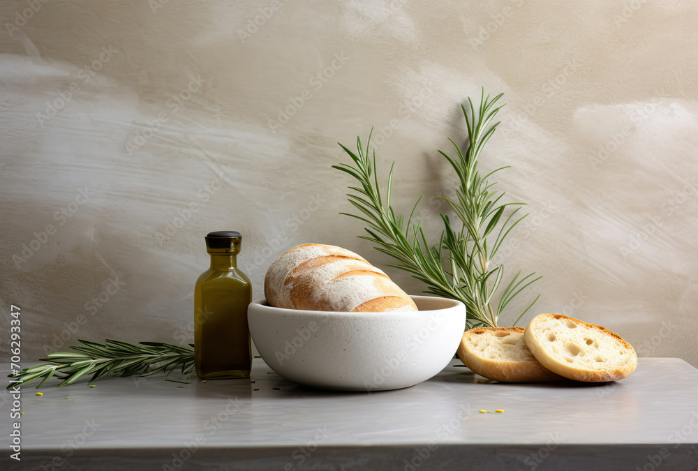 Bowl of Bread and Bottle of Olive Oil for a Delicious Meal - obrazy, fototapety, plakaty 