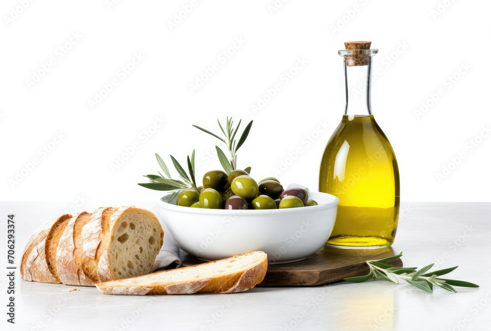 Bowl of Olives, Bread, and Olive Oil on Table