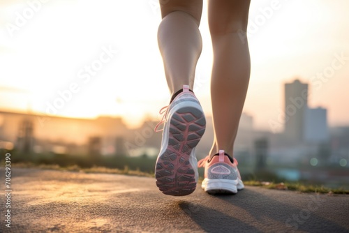 A female runner jogging outdoors in the morning against the bright and beautiful morning light