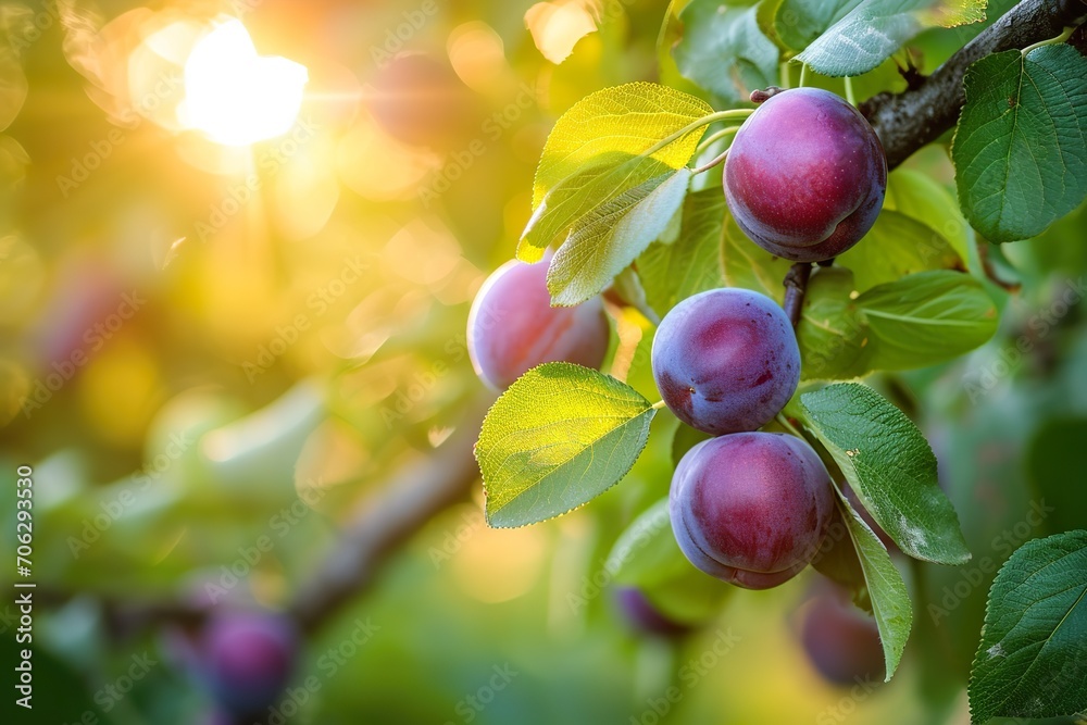 custom made wallpaper toronto digitalClose-up plums with leaves in the garden at sunrise