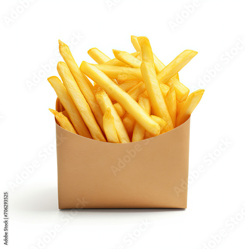 French Fries in a Paper Container on a White Background