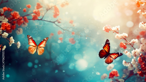 Abstract natural spring background with butterflies and light red dark meadow flowers closeup.