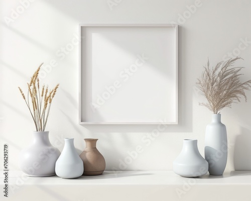 Minimalist Living Room Interior with Square Poster Frame and Vases on White Wall