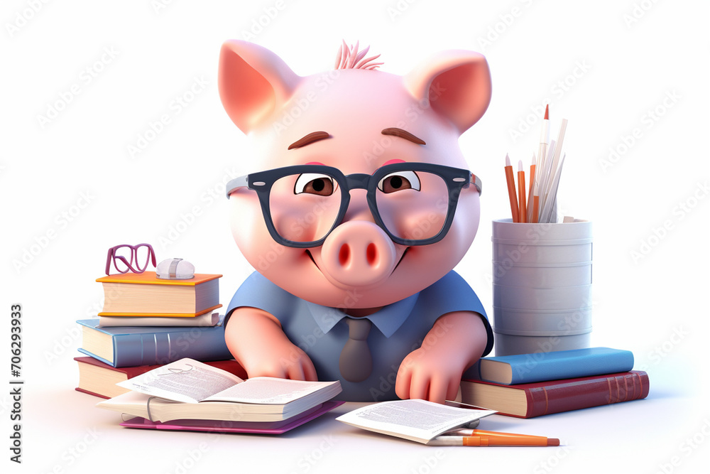 3D cartoon cute pig reading and writing