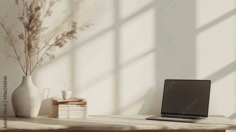 Minimalist Workspace with Neutral Tones: Laptop, Vase, and Journals on Wooden Desk Minimalist Workspace with Neutral Tones: Laptop, Vase, and Journals on Wooden Desk