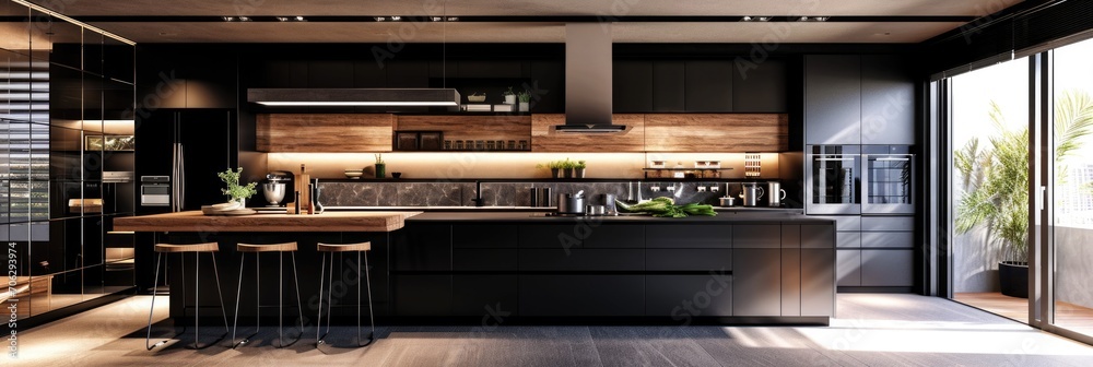 Modern Dark Kitchen Interior Design Concept with Wooden Furnishings