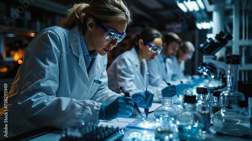 Scientists in protective labcoats in bio laboratory.