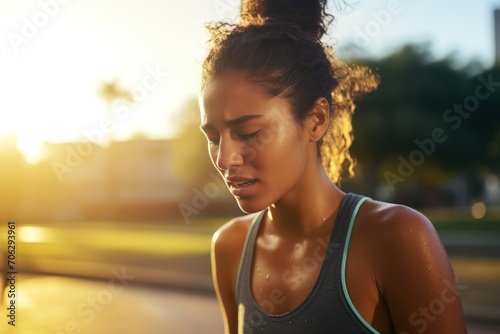 A female runner feels tired and sweaty after working out photo
