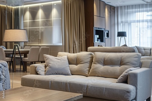 Modern Comfort: A Stylish Living Room with Sofa, Armchairs, and Lamp creating a Cosy Home Atmosphere © AIGen