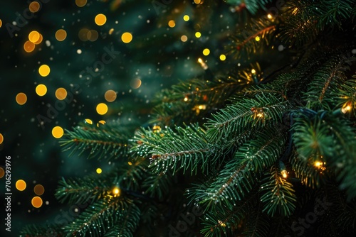 Sparkling Close-Up: Christmas Tree Lights and Green Foliage