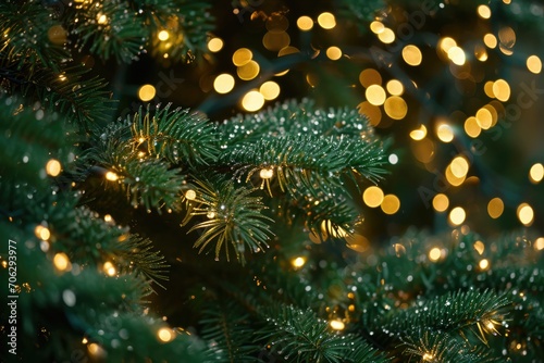 Christmas Tree Close-up: Festive Lights and Sparkling Green Pine Detail in Winter Celebration