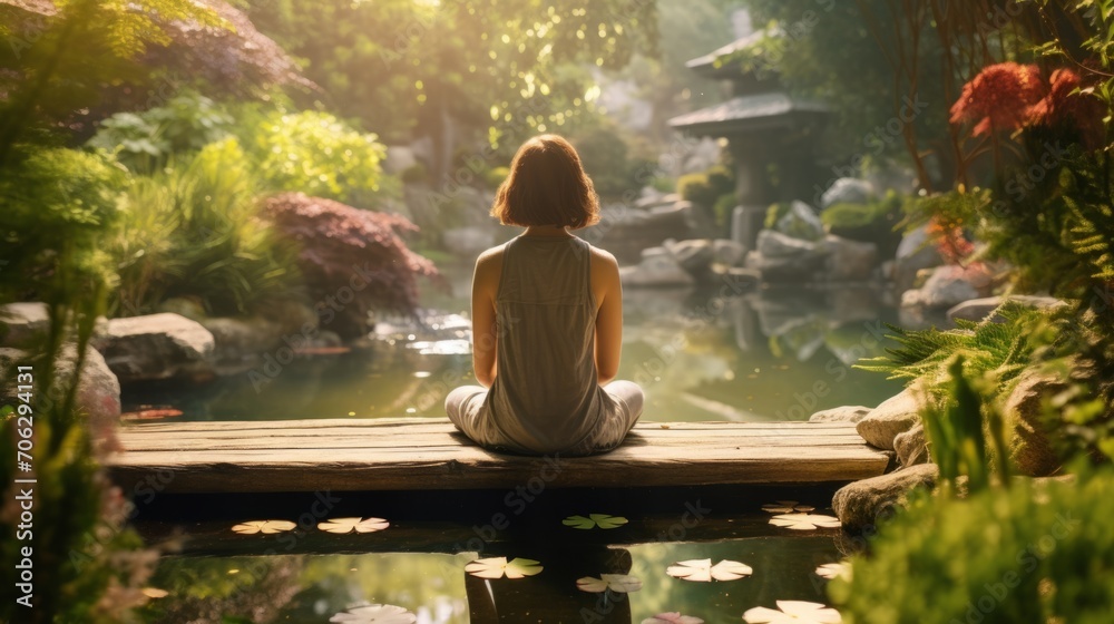 AI illustration of a female seated in a tranquil outdoor setting on a wooden platform.