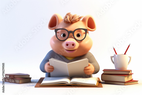 3D cartoon cute pig reading and writing © mursalin 01