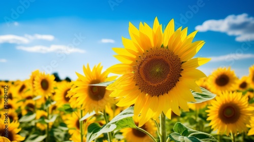 AI illustration of a large sunflower field in full bloom  with blue sky and white clouds.