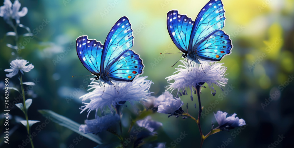 Two Blue Butterflies Perched on White Flowers in Nature