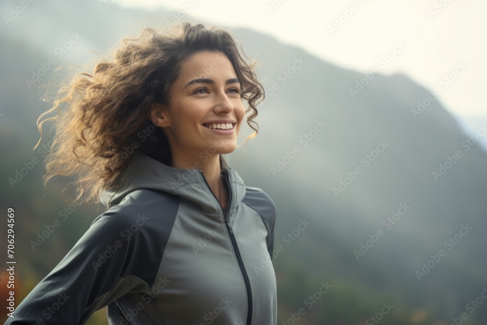 A female runner jogging outdoors in the morning against the bright and beautiful morning light A female runner jogging outdoors in the morning against the bright and beautiful morning light