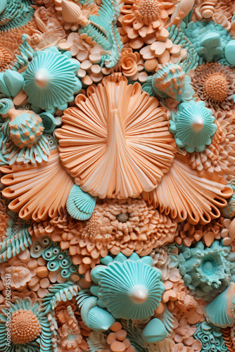 Artistic close-up of a textured coral and teal sea-inspired composition, resembling an underwater coral landscape. 