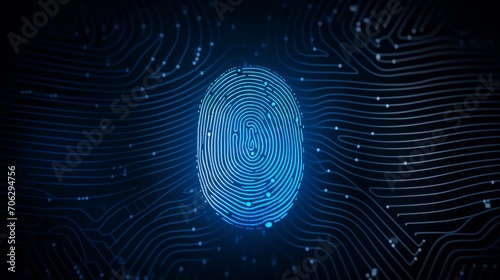 AI illustration of a blue glowing fingerprint icon over a dark blue circuit board background.