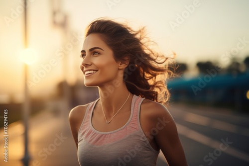 A female runner jogging outdoors in the morning against the bright and beautiful morning light