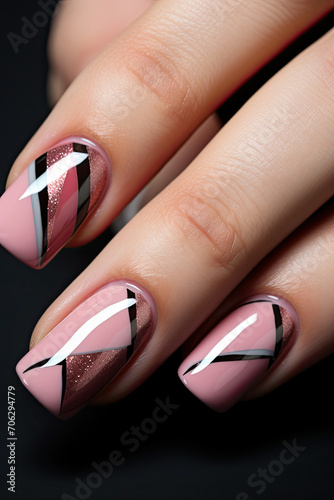 Womans Hand With Pink and Black Manicure photo