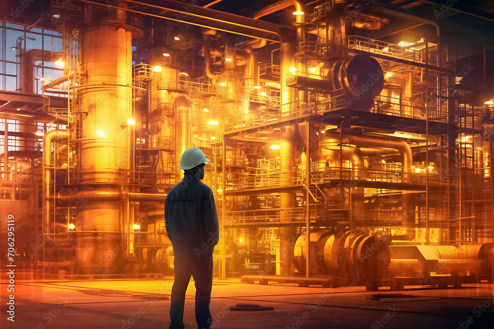 Industry engineer merges with factory backdrop through double exposure, highlighting machinery, system control, synergy of business and smart industry technology. Generative AI. Industry engineer merges with factory backdrop through double exposure, highlighting machinery, system control, synergy of business and smart industry technology. Generative AI.