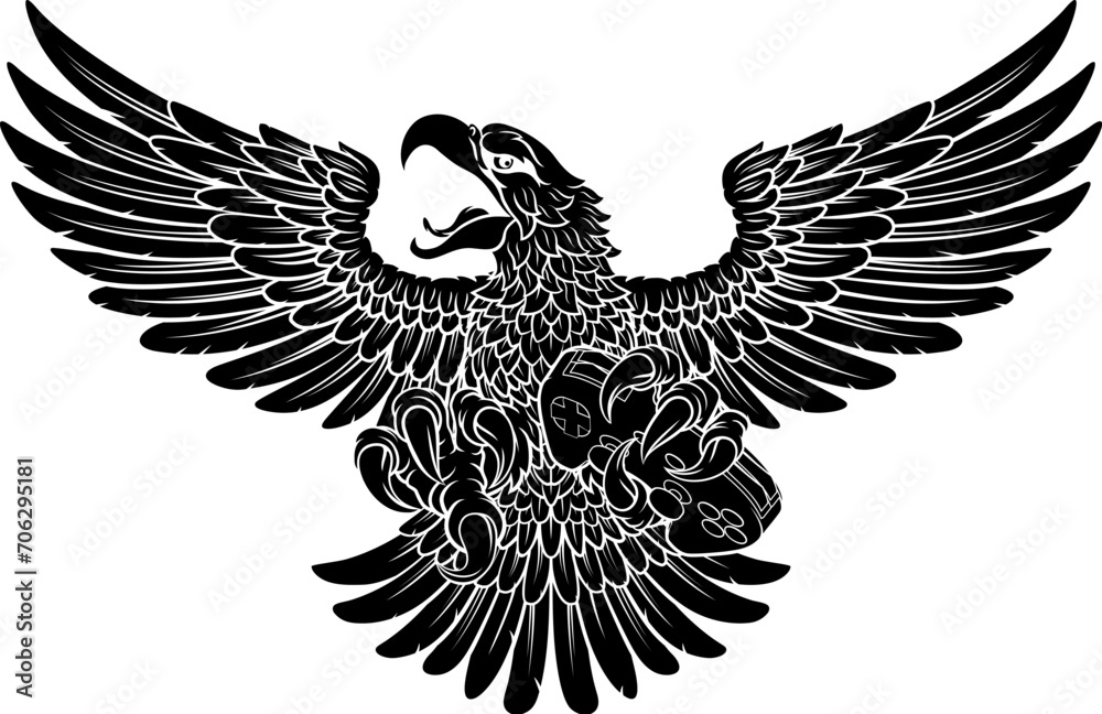 Fototapeta premium A bald eagle or hawk flying with a video game controller in its claws. Gamer e sports cartoon mascot