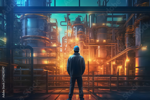 Industry engineer merges with factory backdrop through double exposure, highlighting machinery, system control,  synergy of business and smart industry technology. Generative AI. photo