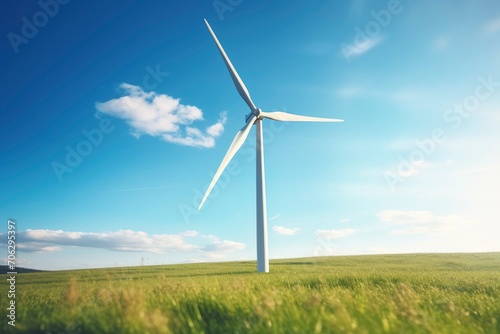 Panoramic view of wind farm or wind park, with high wind turbines for generation electricity with copy space.