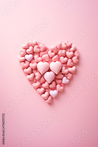 Soft pink marshmallow hearts forming a larger heart on a pink background, symbolizing love and tenderness.
