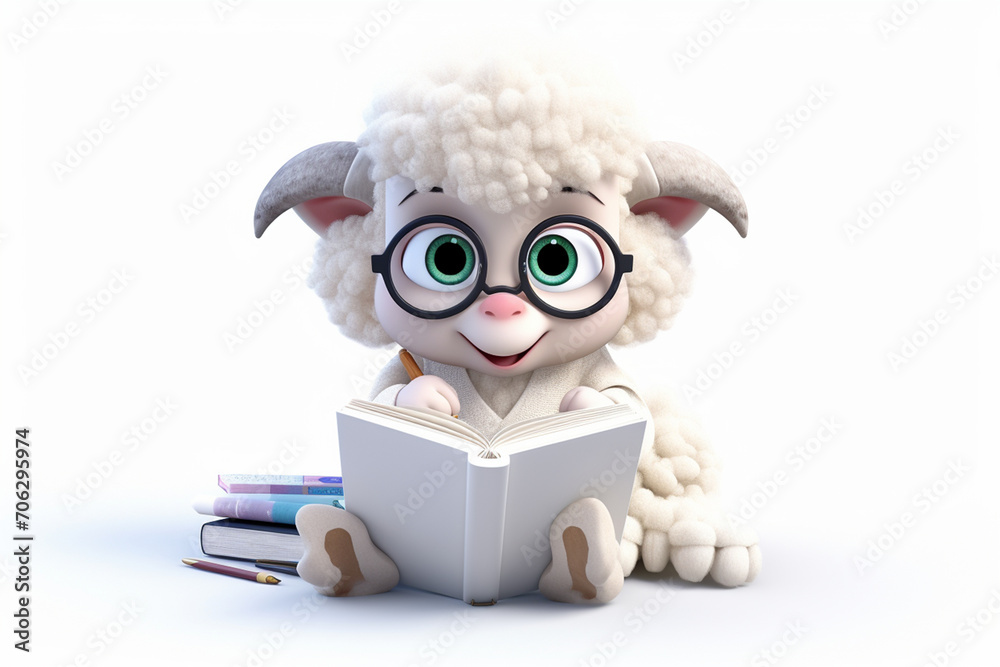 3D cartoon cute sheep reading and writing