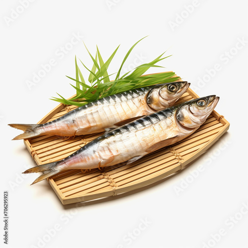 fresh raw two mackerel fish on a bamboo plate with transparent background created with Generative Ai