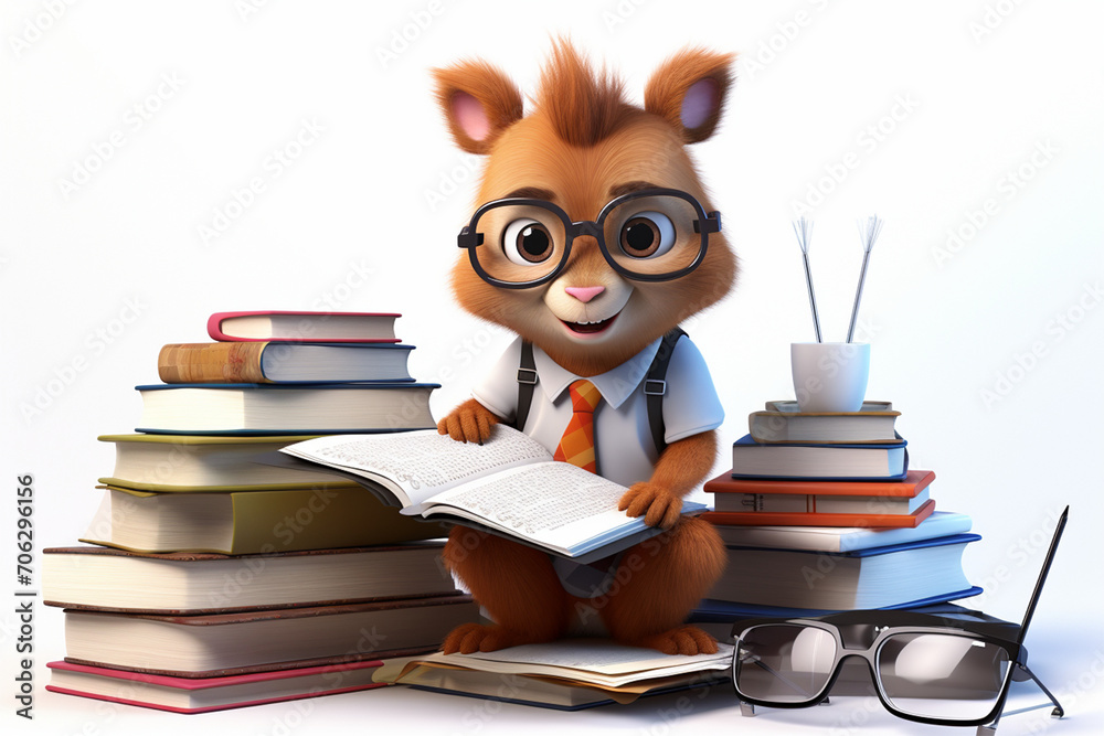 3D cartoon cute squirrel reading and writing