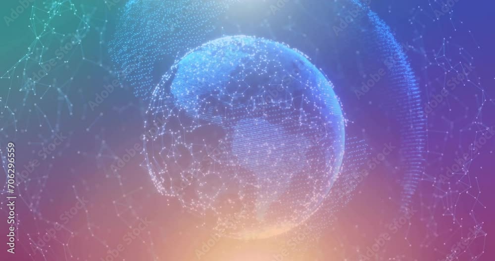 Animation of network of connections and globe on blue background Animation of network of connections and globe on blue background