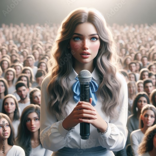 Realism, detail, 4K, a girl speaks to a large audience, she’s holding a microphone, she’s on stage photo