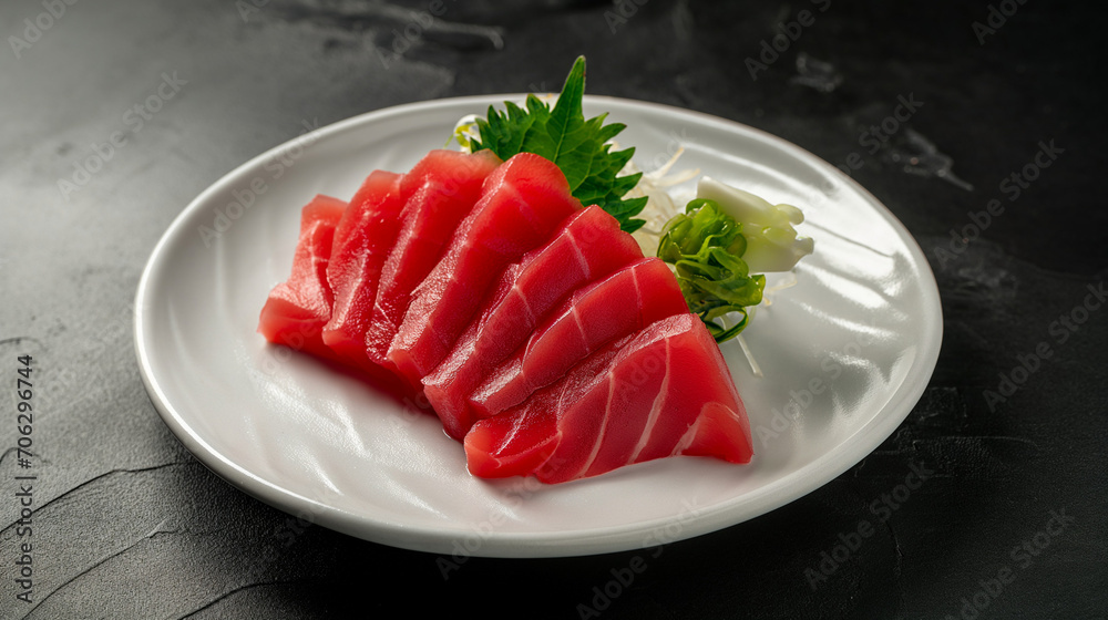 isolated,Tuna Sashimi on black plate,blank space for text 3 parts,blue background,black light blue white green blue black plate,World Tuna Day, Tuna Conservation, 2 May, Tuna,banner isolated,Tuna Sashimi on black plate,blank space for text 3 parts,blue background,black light blue white green blue black plate,World Tuna Day, Tuna Conservation, 2 May, Tuna,banner
