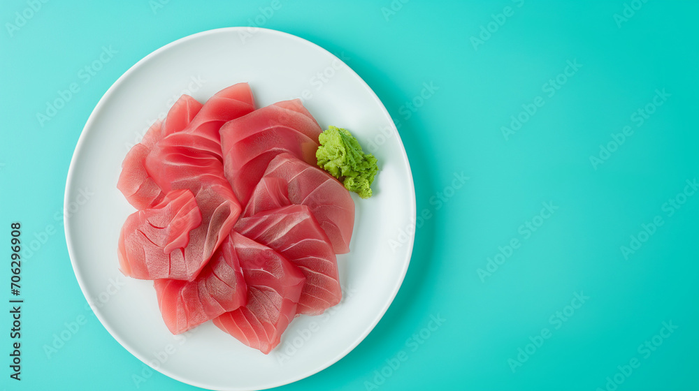 isolated,Tuna Sashimi on black plate,blank space for text 3 parts,blue background,black light blue white green blue black plate,World Tuna Day, Tuna Conservation, 2 May, Tuna,banner
