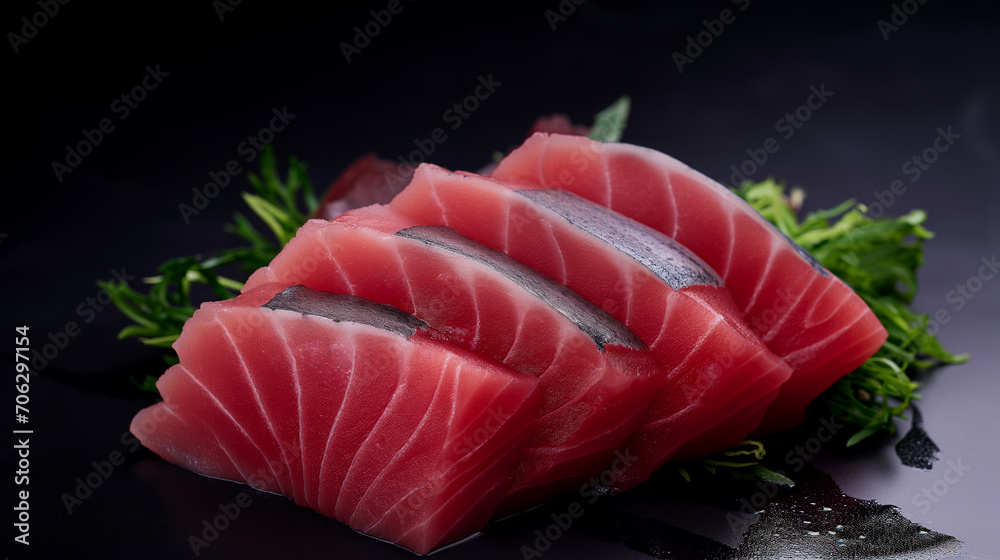 isolated,Tuna Sashimi on black plate,blank space for text 3 parts,blue background,black light blue white green blue black plate,World Tuna Day, Tuna Conservation, 2 May, Tuna,banner isolated,Tuna Sashimi on black plate,blank space for text 3 parts,blue background,black light blue white green blue black plate,World Tuna Day, Tuna Conservation, 2 May, Tuna,banner