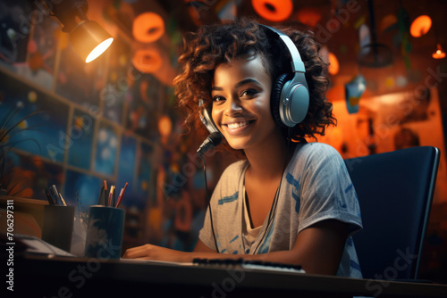 an African American girl who is wearing headphones and working in a call center, generative AI photo