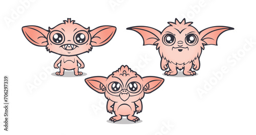 Vector set of funny cute cartoon eared little gremlin animals. Collection of icons of mythical fairy tale fantasy friendly baby trolls. Stickers or badges. White isolated background.