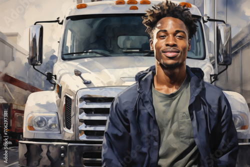 An African American driver stands in front of his truck, generative AI