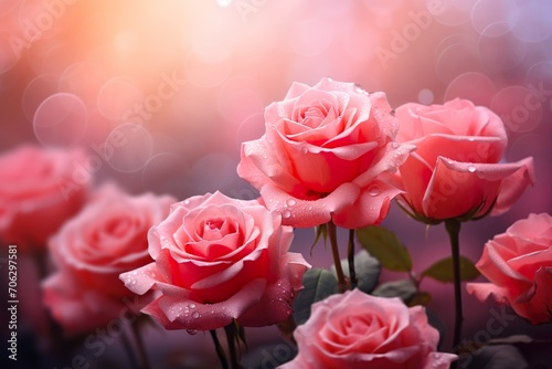 close up of beautiful pink roses blooming on bush generative ai