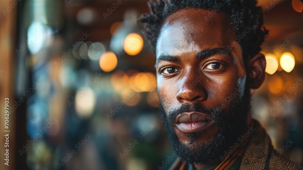 Portrait of a man with a textured beard and expressive eyes in a warm, softly lit indoor setting, capturing a moment of stillness and contemplation late in the evening Portrait of a man with a textured beard and expressive eyes in a warm, softly lit indoor setting, capturing a moment of stillness and contemplation late in the evening