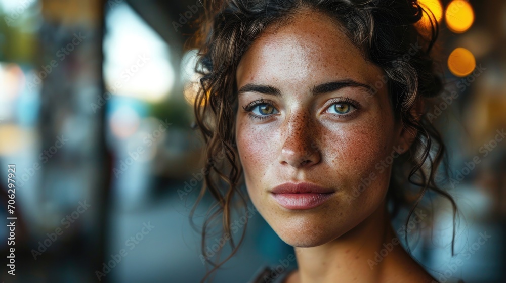 Portrait of a young woman with curly hair and striking features, captured in a vibrant urban setting during the golden hour of late afternoon Portrait of a young woman with curly hair and striking features, captured in a vibrant urban setting during the golden hour of late afternoon